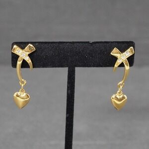 Avon Signed Pierced Earrings Gold Tone X Bow Rhinestone Heart Dangle Vintage